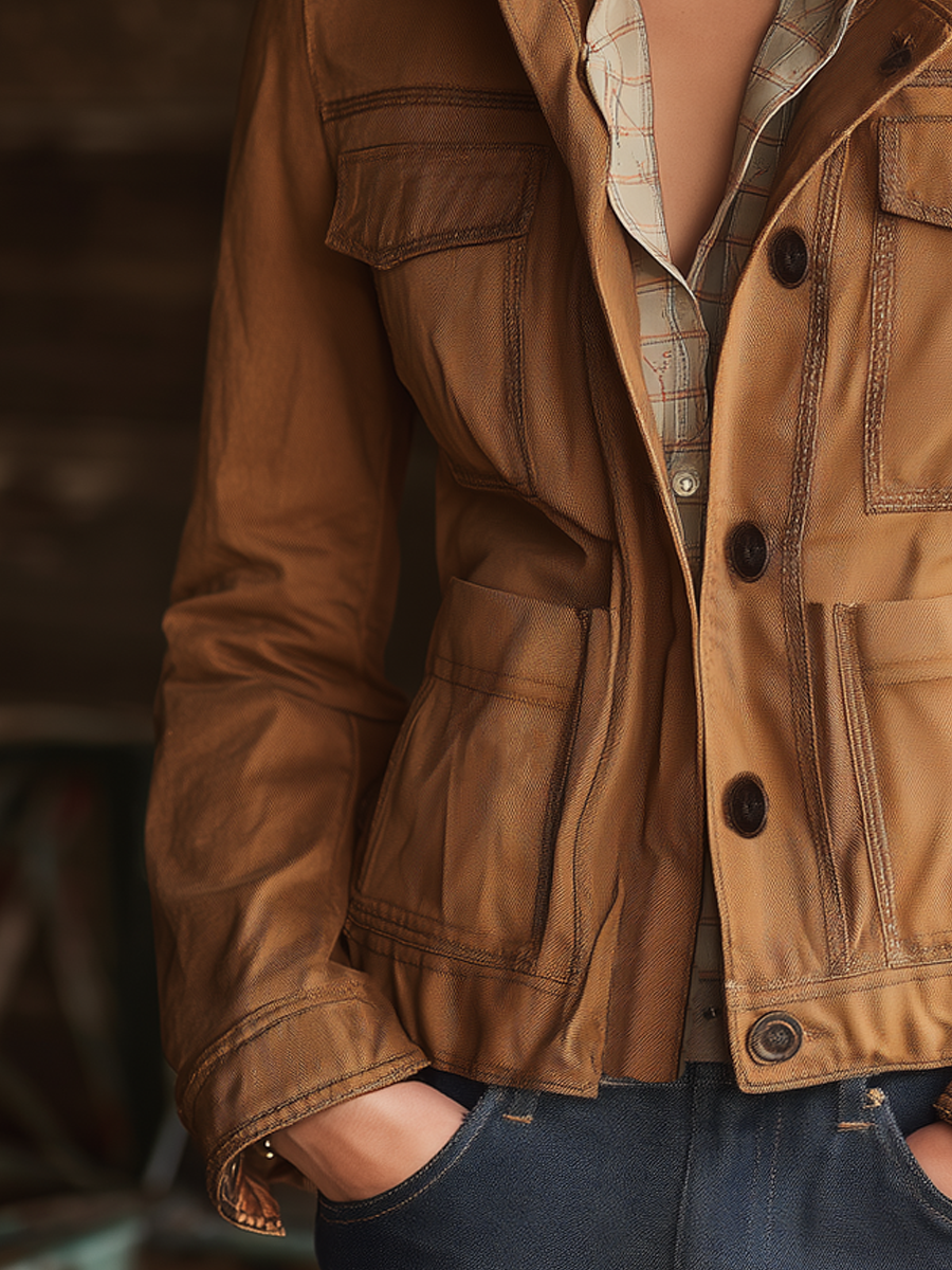 Vintage Corduroy Collar Multi-pocket Work Jacket