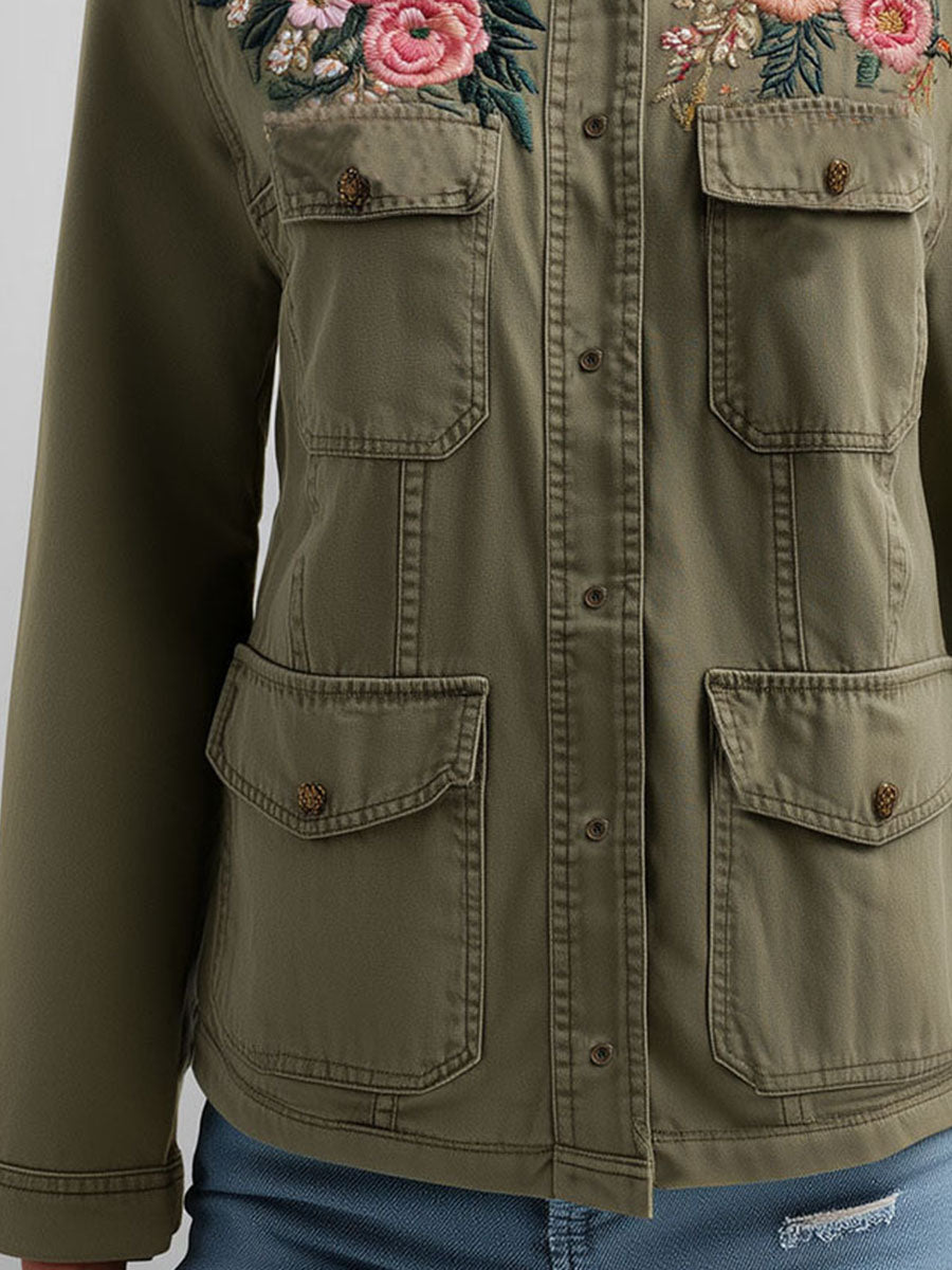 Multiple Pockets Army Green Embroidered Utility Cargo Jacket