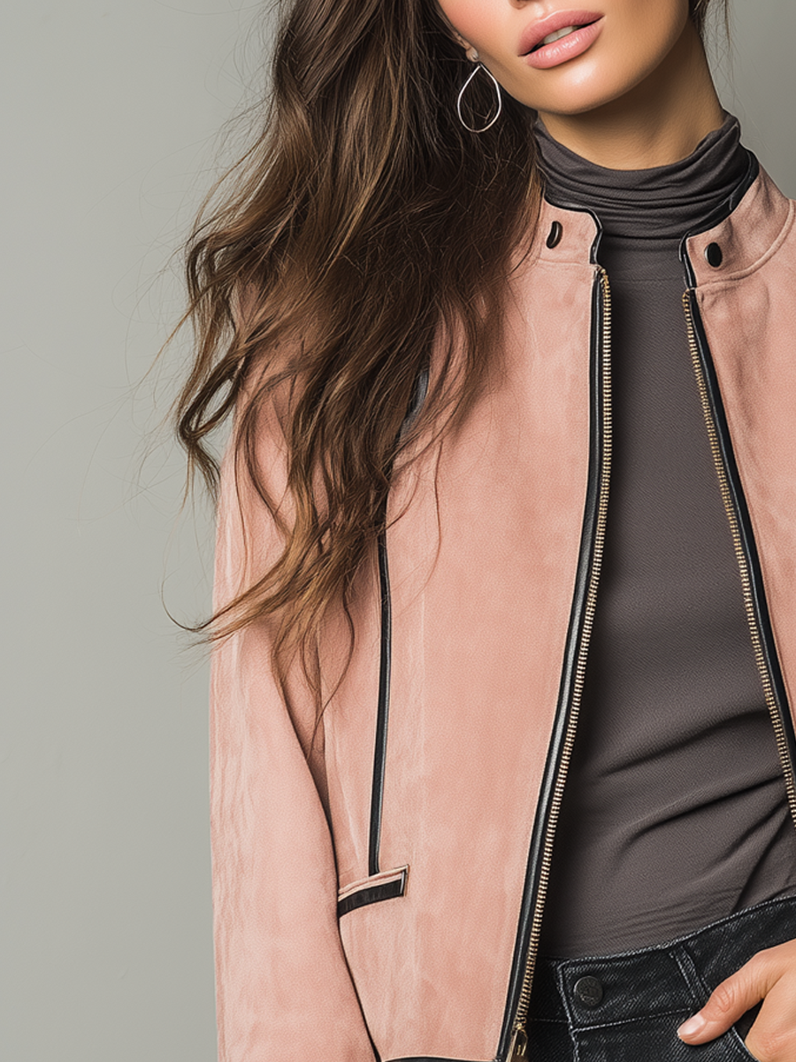 Retro Eco-friendly Leather Contrast Trim Suede Jacket