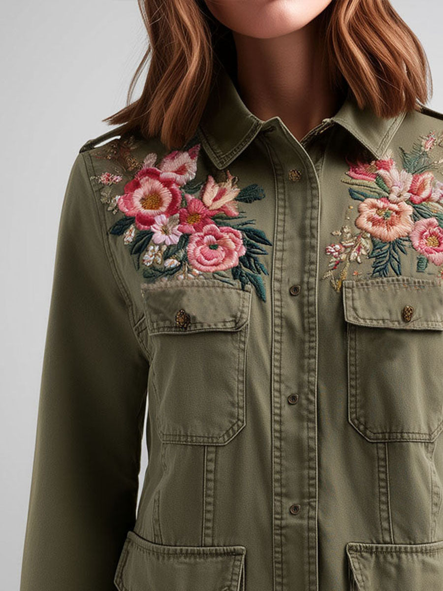 Multiple Pockets Army Green Embroidered Utility Cargo Jacket