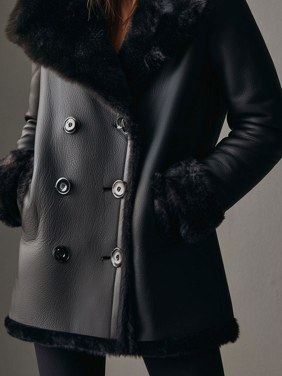 Old Money Style High Collar Eco-friendly Leather Double-breasted Straight Jacket