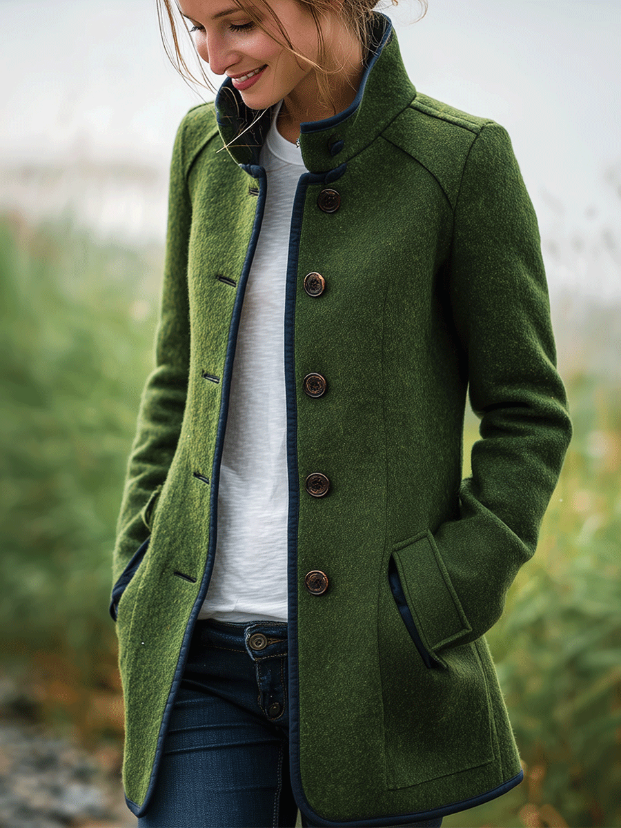 Retro Olive Green Stand Collar Wool-Blend With Contrast Trim Coat