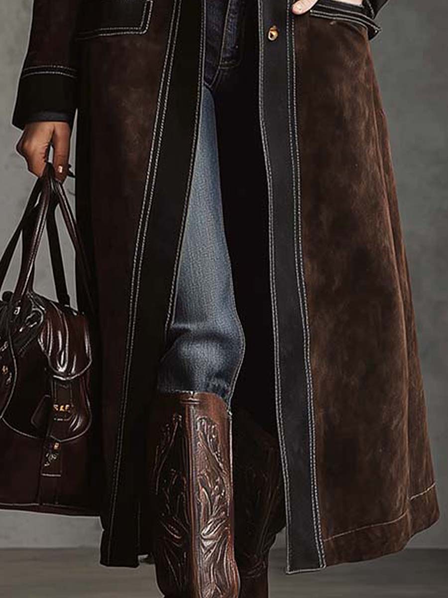 Vintage Brown Suede Maxi Coat With Contrast Trim