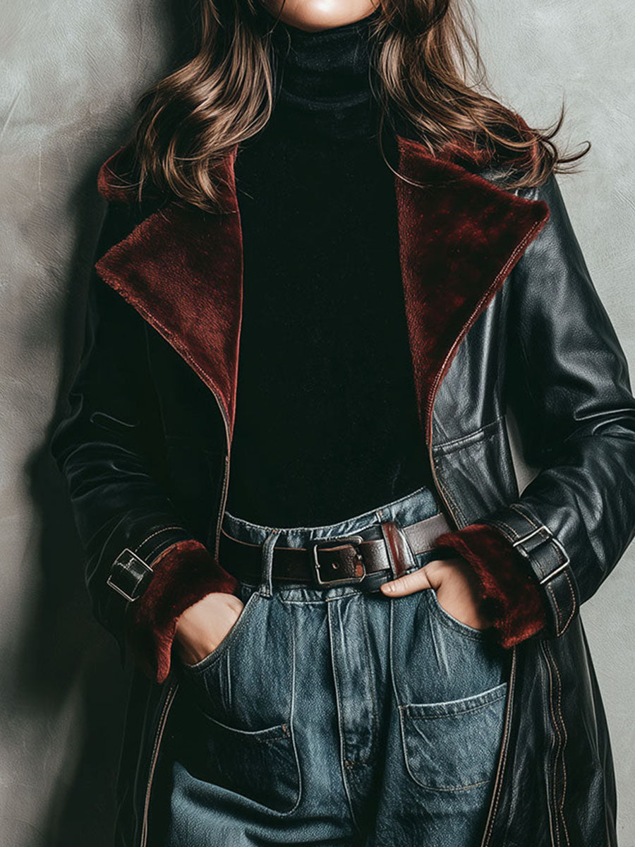 Retro Black Eco Leather & Burgundy Shearling Lining Coat With Buckle Cuffs