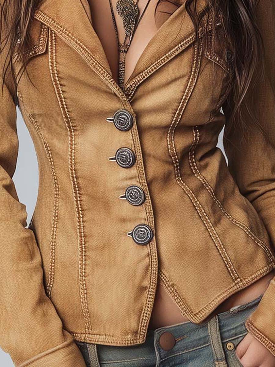 Slim-fit Vintage-style Washed Khaki Denim Jacket