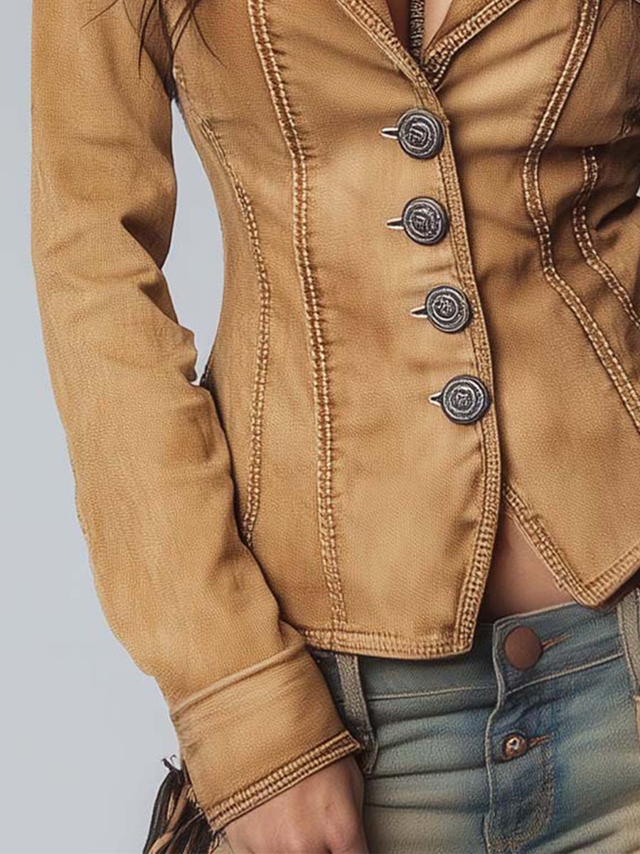 Slim-fit Vintage-style Washed Khaki Denim Jacket
