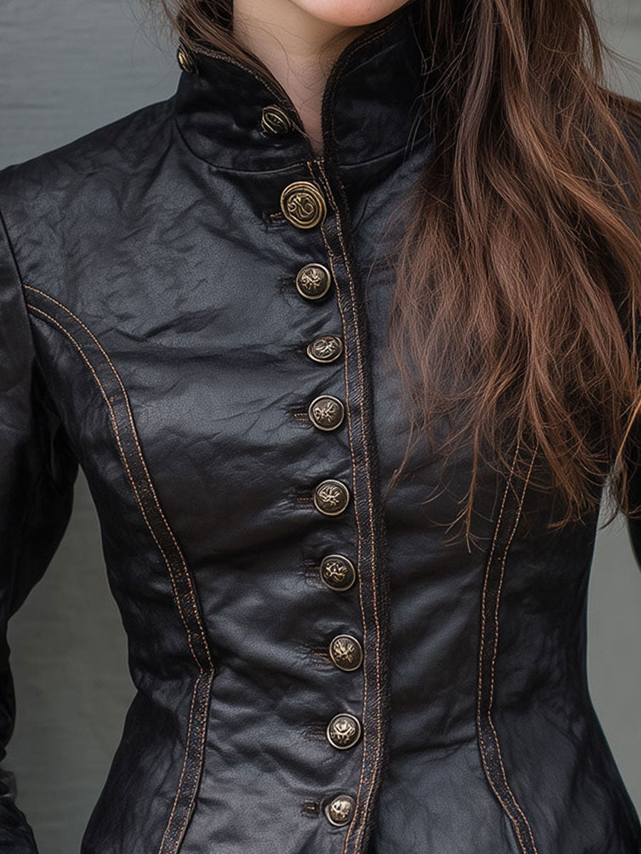 Retro Stand Collar Metal Button Pu Jacket