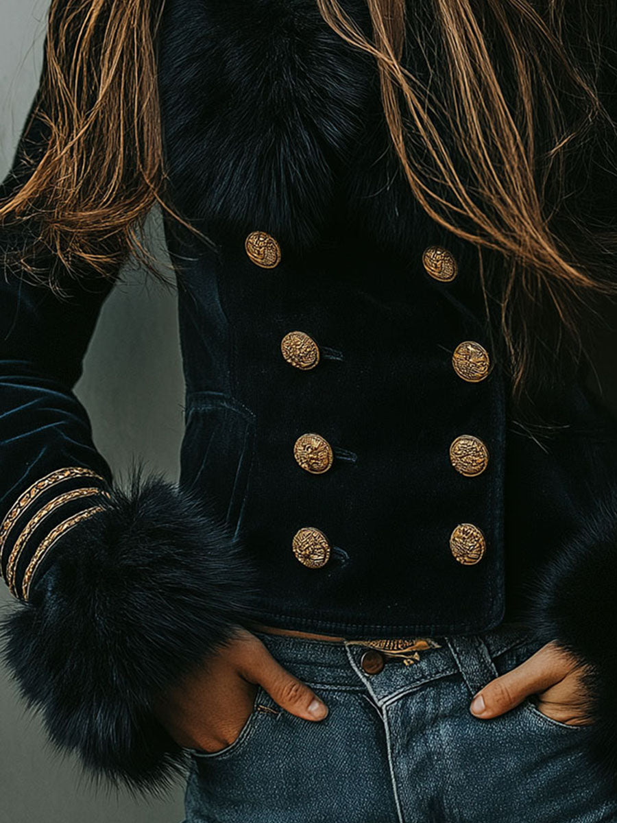 Retro Black Velvet Double-Breasted Tailored Jacket With Eco Fur Trim