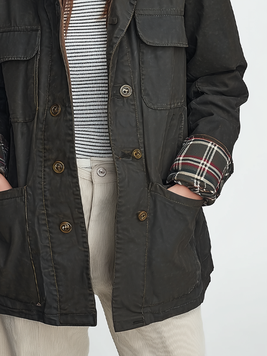 Retro Contrast Collar Plaid Cuffs Barn Jacket