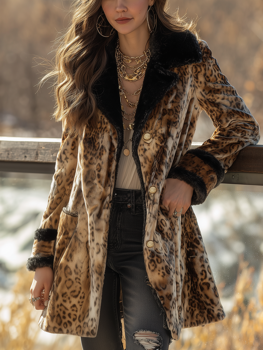 Retro Contrast Trim Leopard Print Velvet Jacket