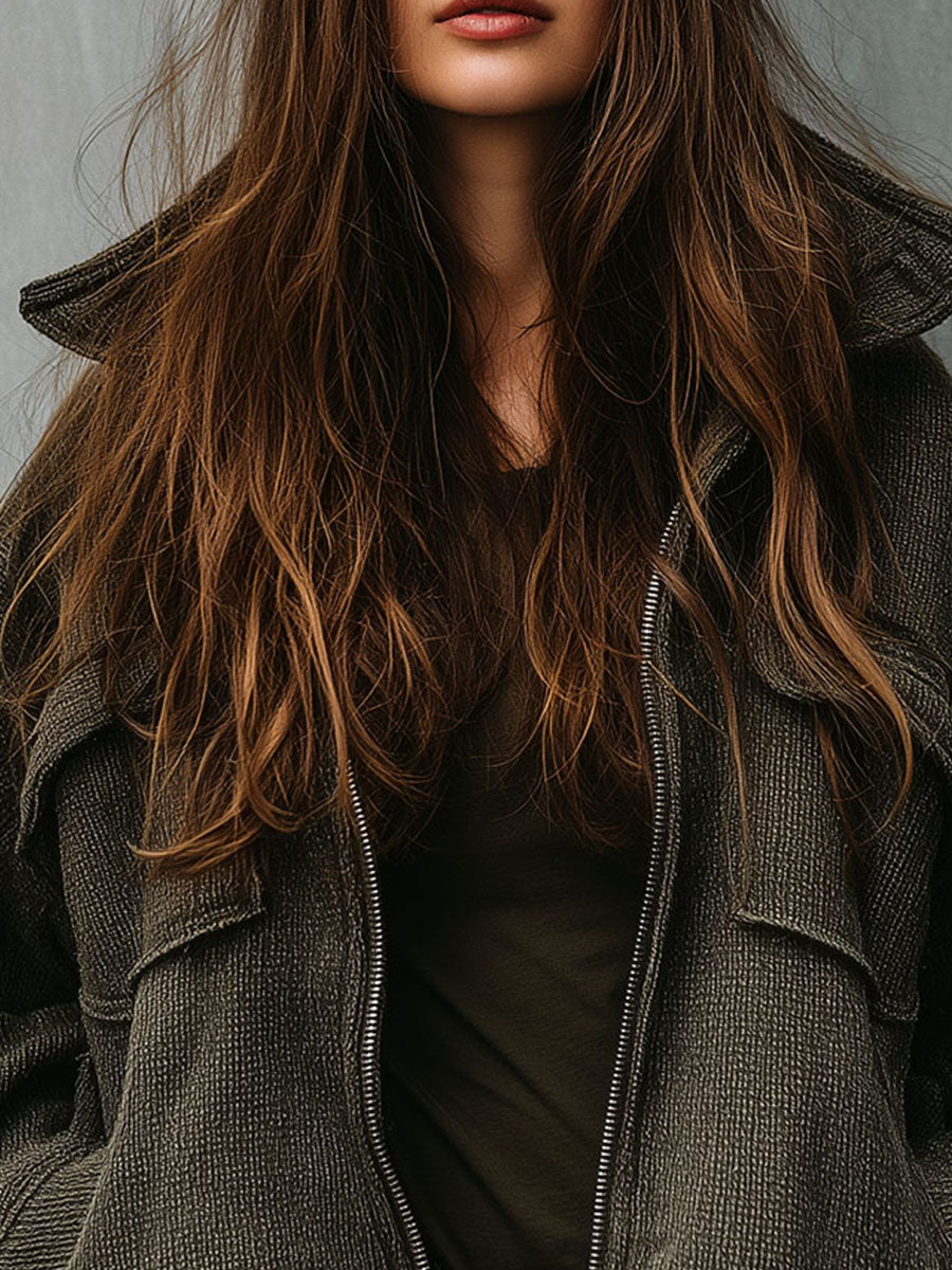 Cozy Stand Collar Olive Green Textured Knit Zip-Up Bomber Jacket