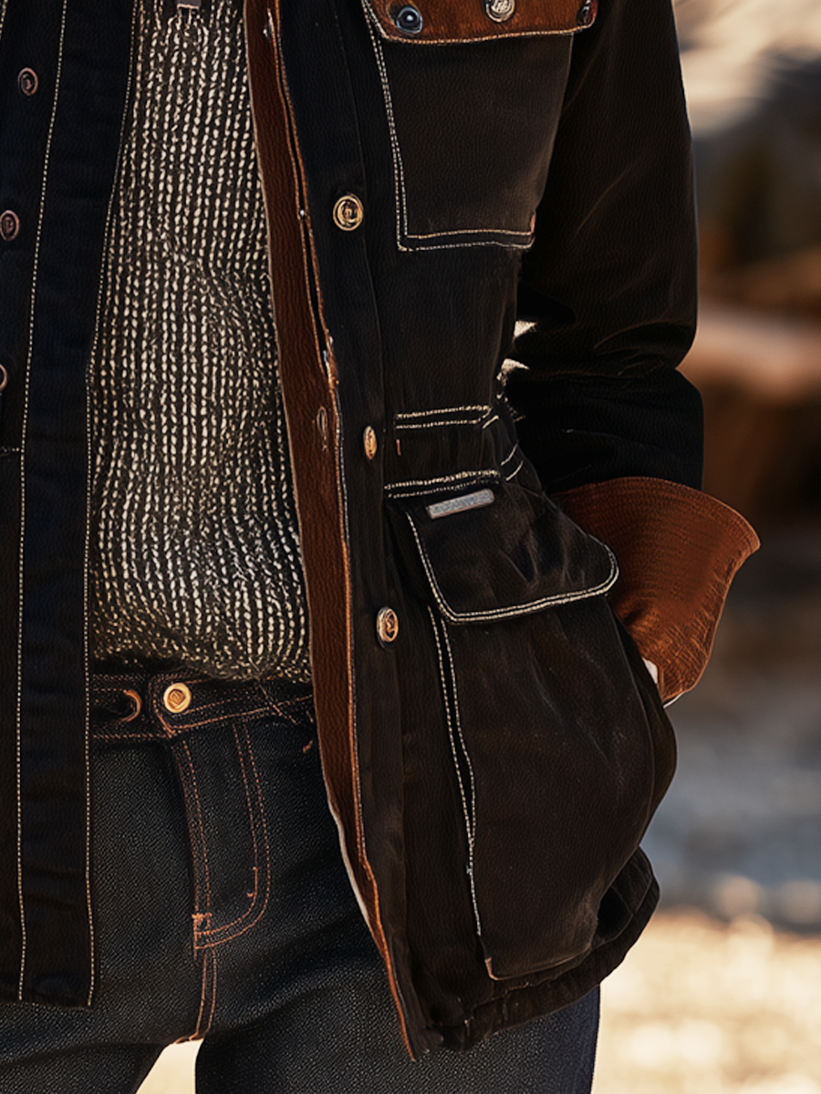 Retro Contrast Color Trim Multi-pocket Workwear Jacket