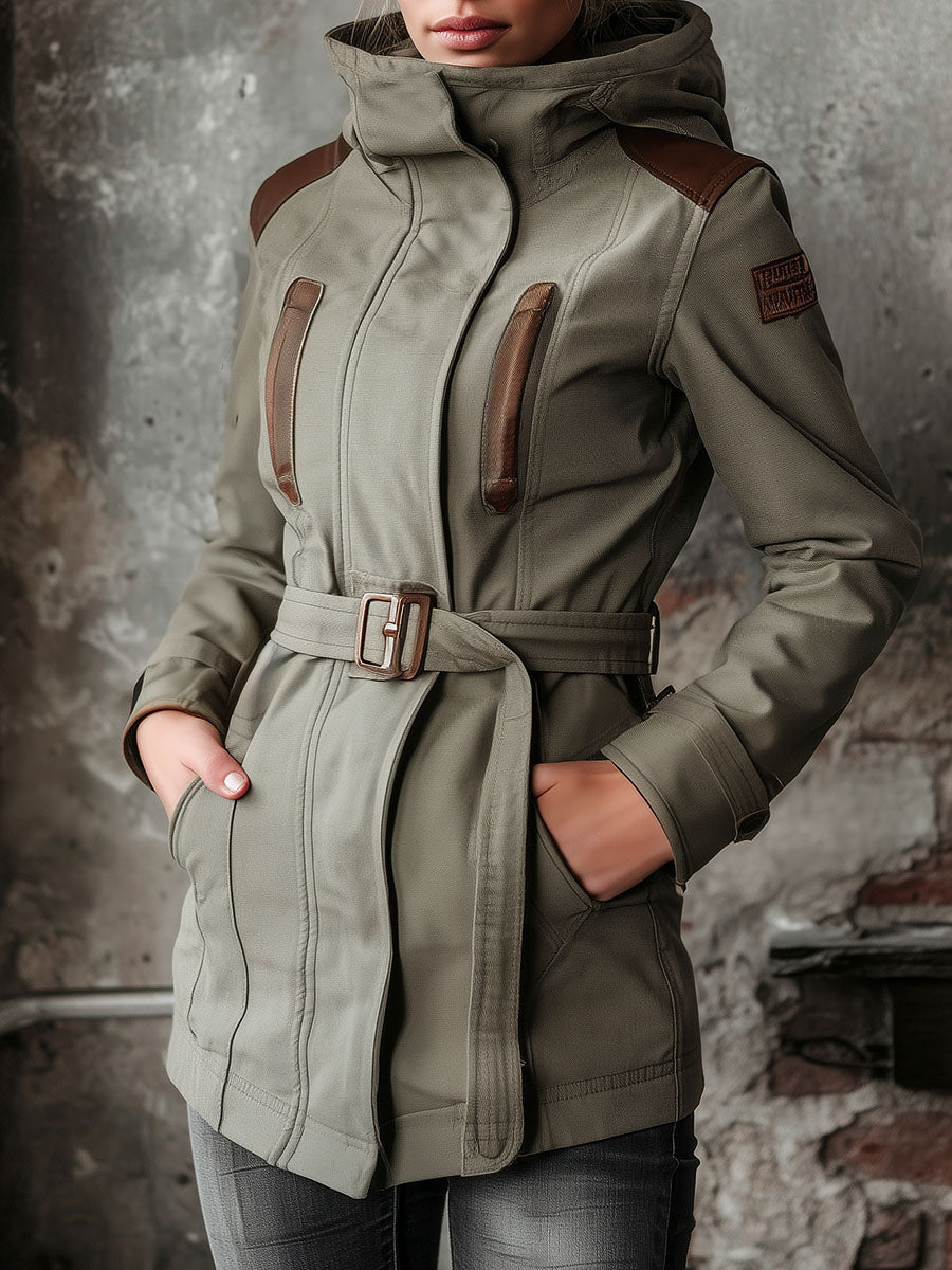 Utility Belted Parka Hooded Coat With Eco Leather Detail