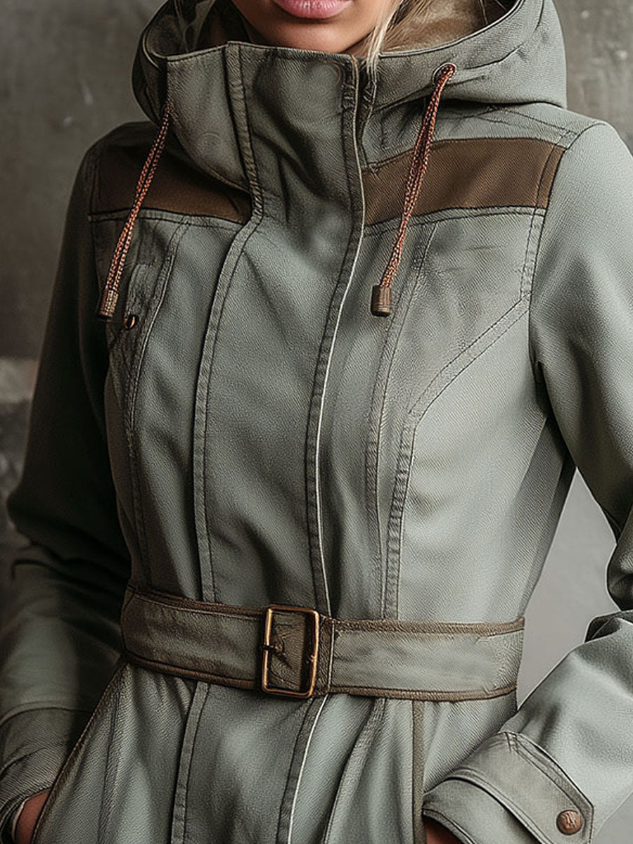Utility Hooded Belted Parka Coat With Contrast Panels