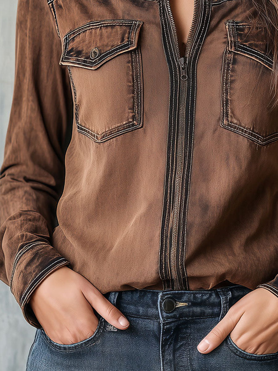 Vintage Brown Washed Contrast Stitching Utility Zip Shirt Jacket