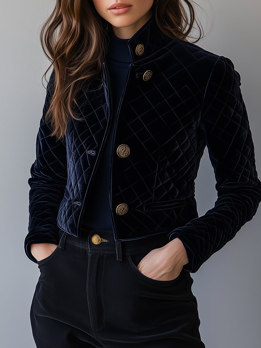 Chic Velvet Diamond-quilted Padded Short Jacket
