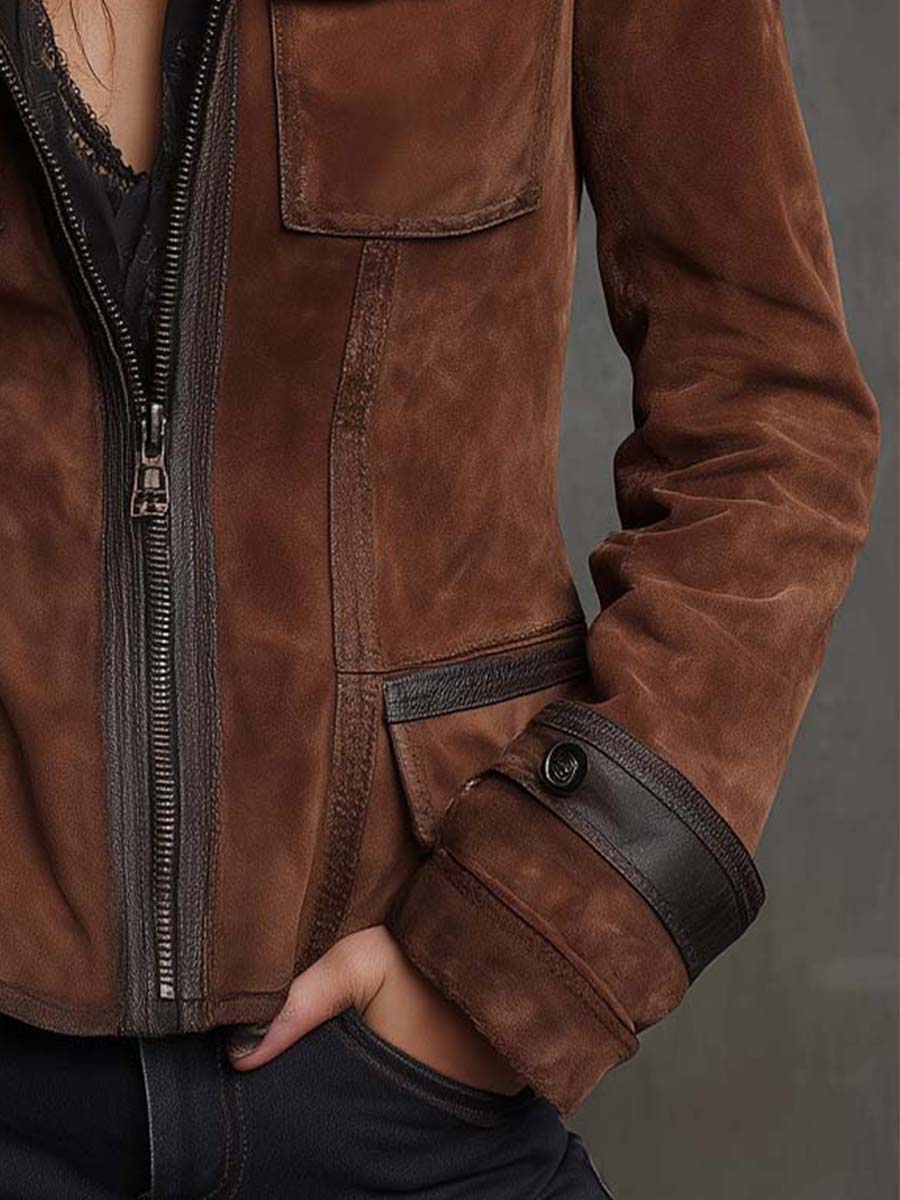 Vintage Brown Suede Jacket With Contrast Trim