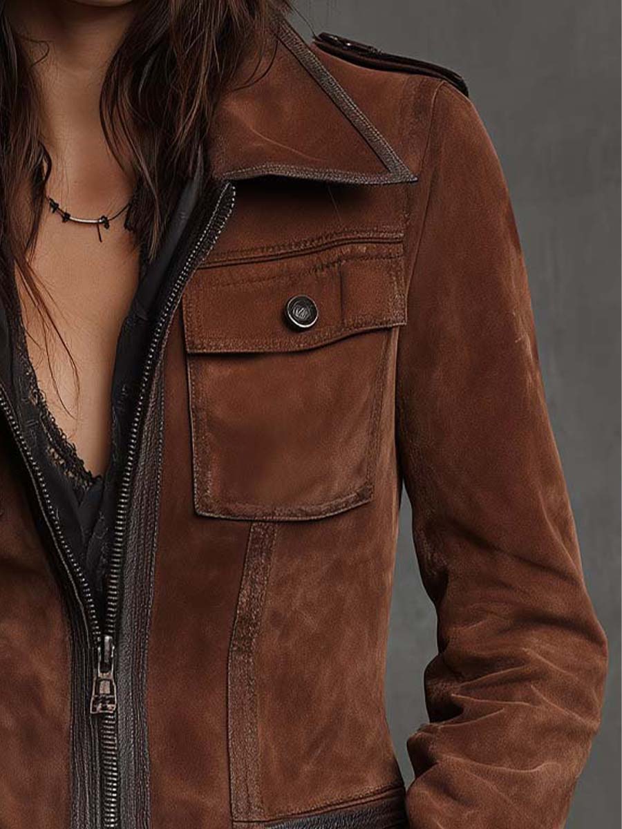 Vintage Brown Suede Jacket With Contrast Trim