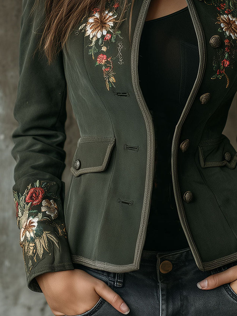 Retro Dark Gree Floral Embroidered Tailored Jacket With Pockets