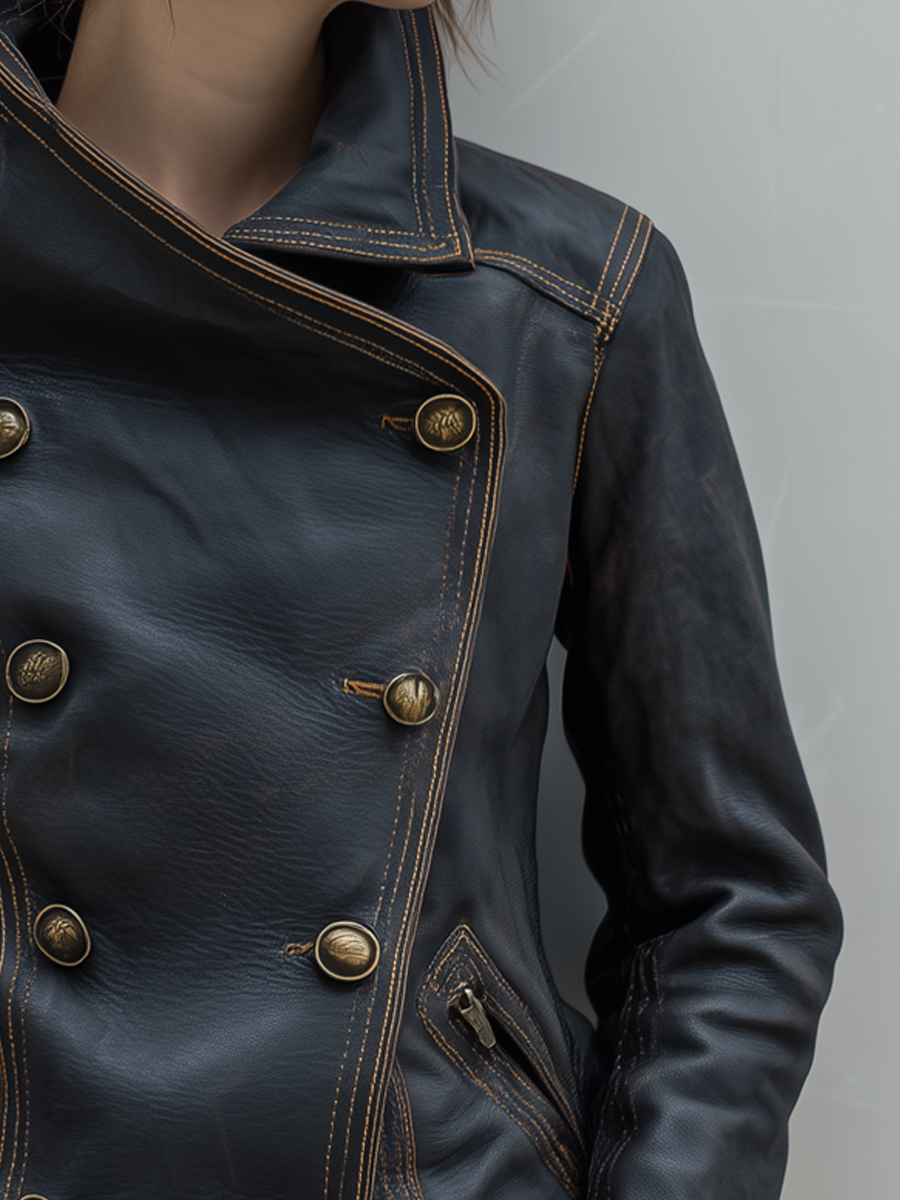 Retro Double-breasted Contrast Stitching Eco-friendly Leather Jacket