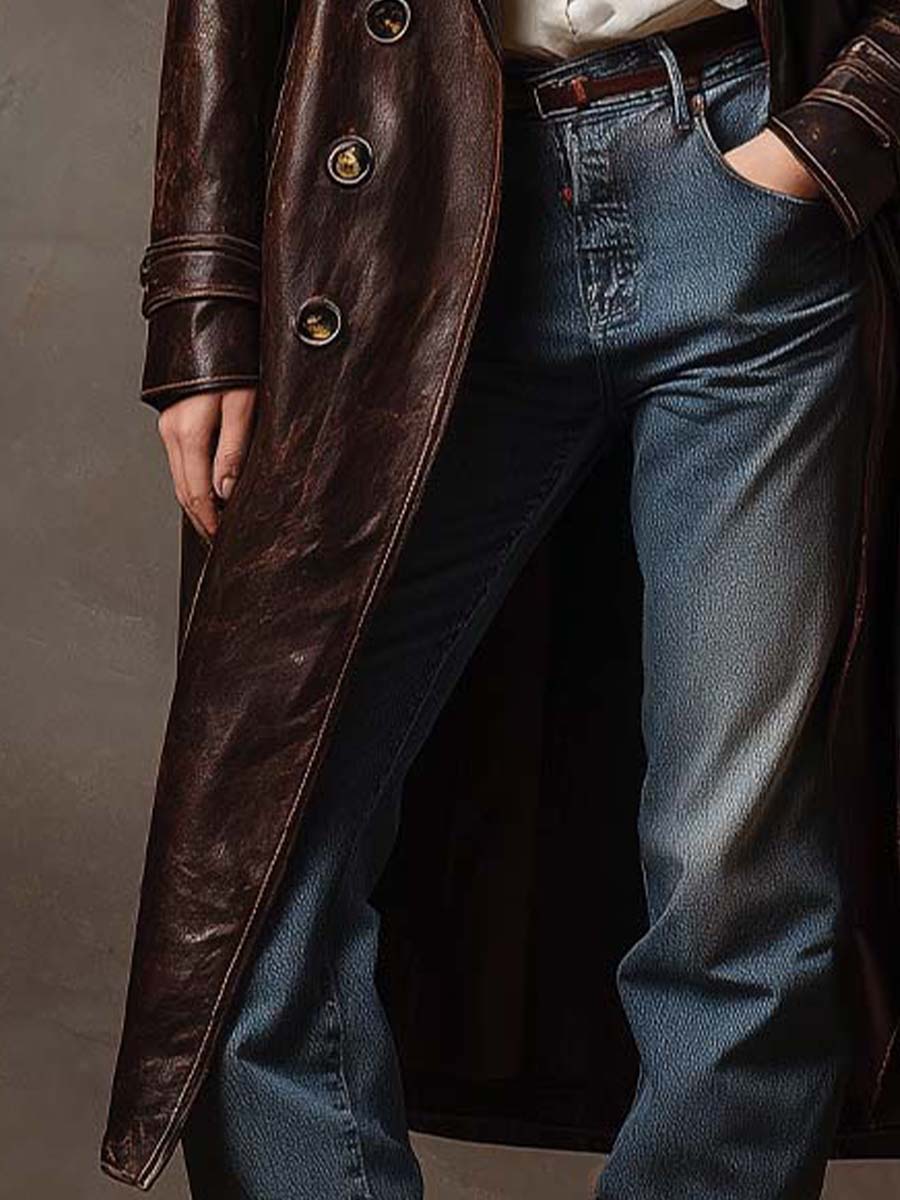 Vintage Brown Leather Trench Coat