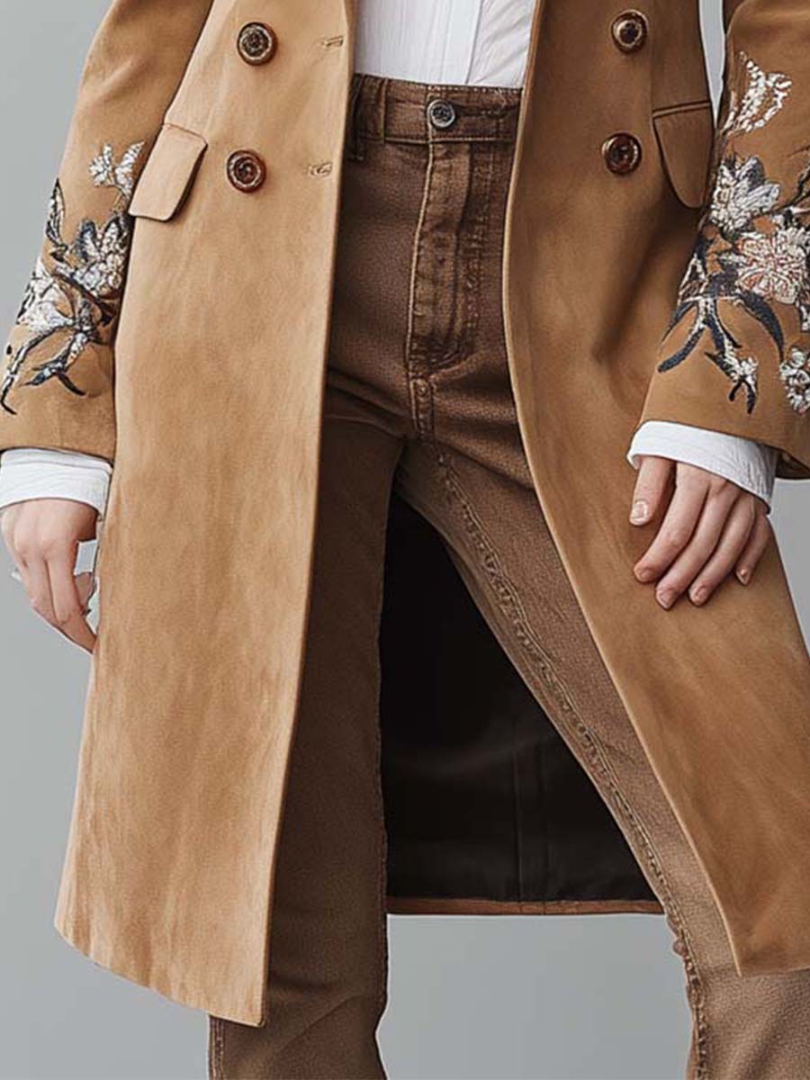 Embroidered Camel Suede Long Coat