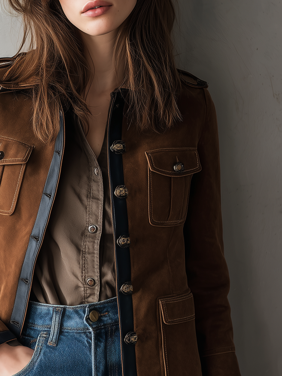 Retro Military Style Contrast Color Eco-friendly Leather Trim Suede Coat