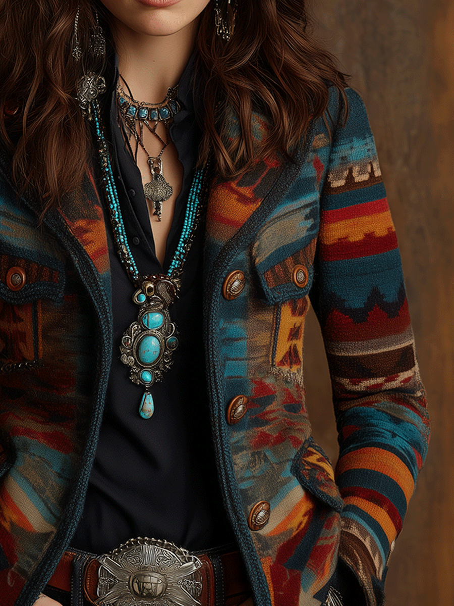 Retro Southwest Geometric Print And Tailored Fit Jacket