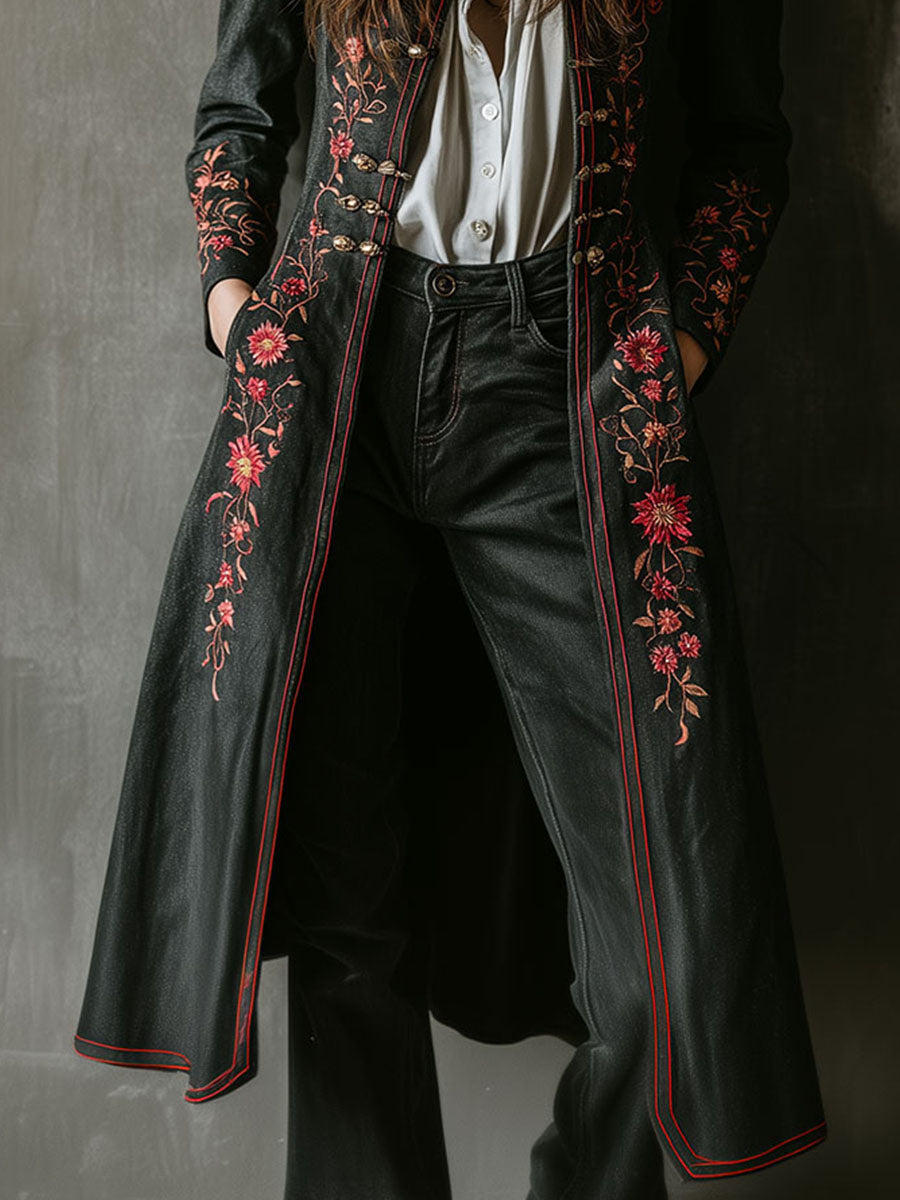 Retro Boho Floral Embroidered Black Long Coat