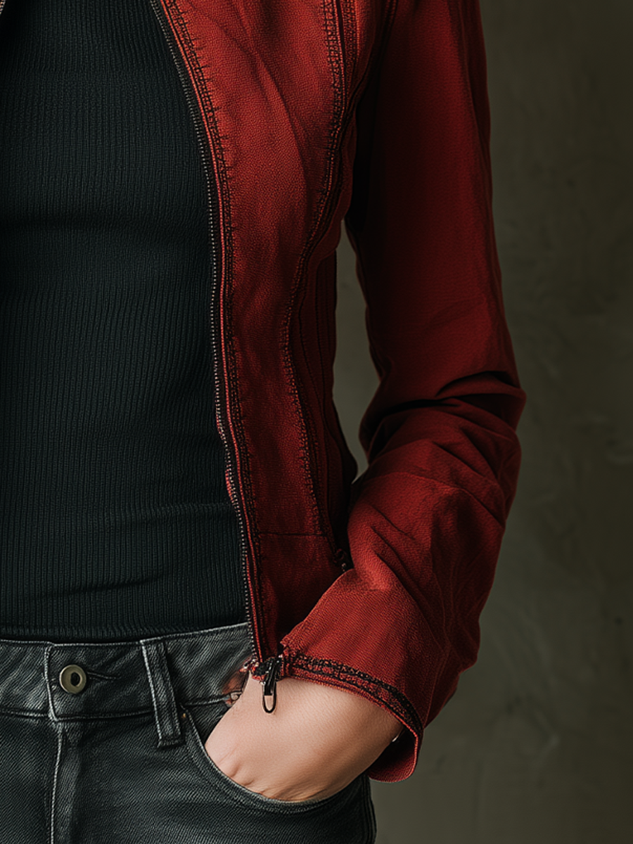 Retro Stand Collar Contrast Stitching Zipper Distressed Jacket