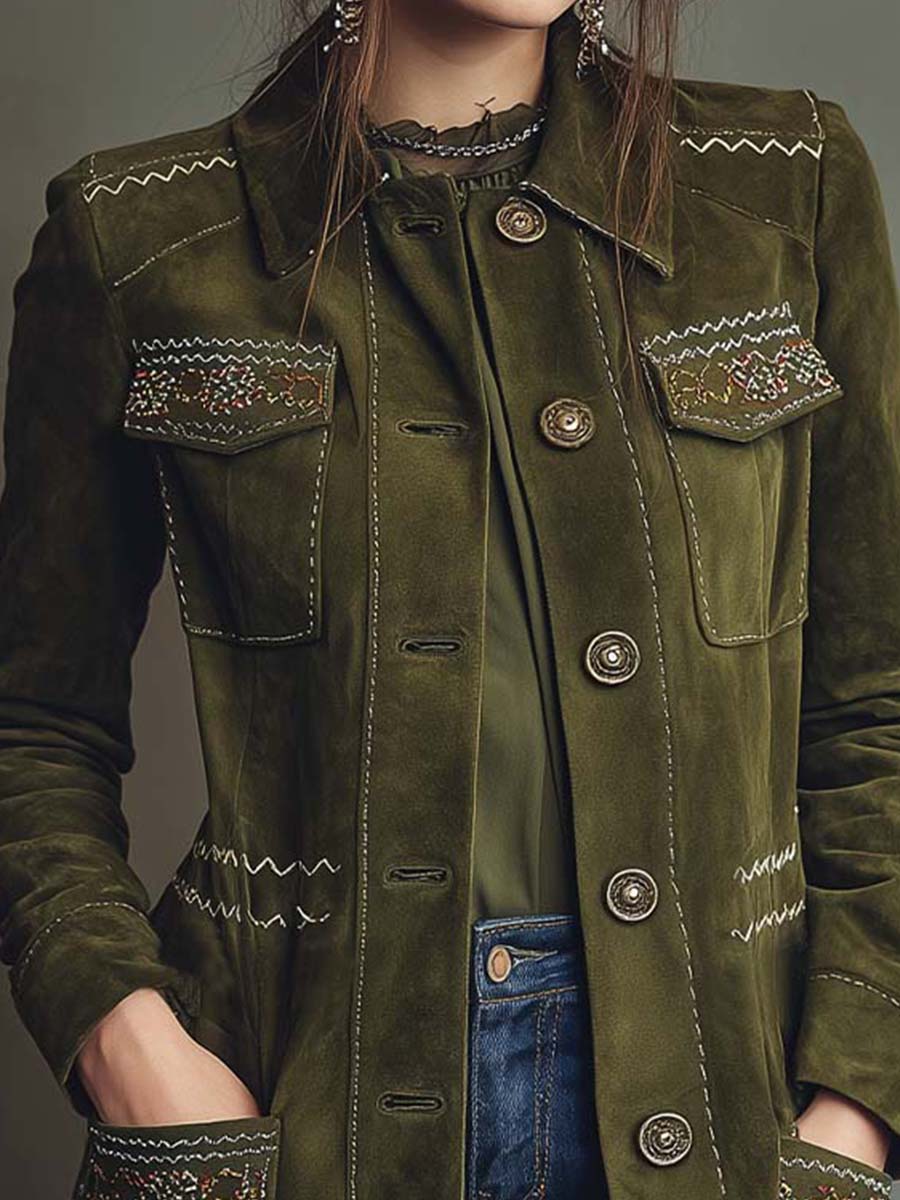 Olive Green Embroidered Suede Longline Coat