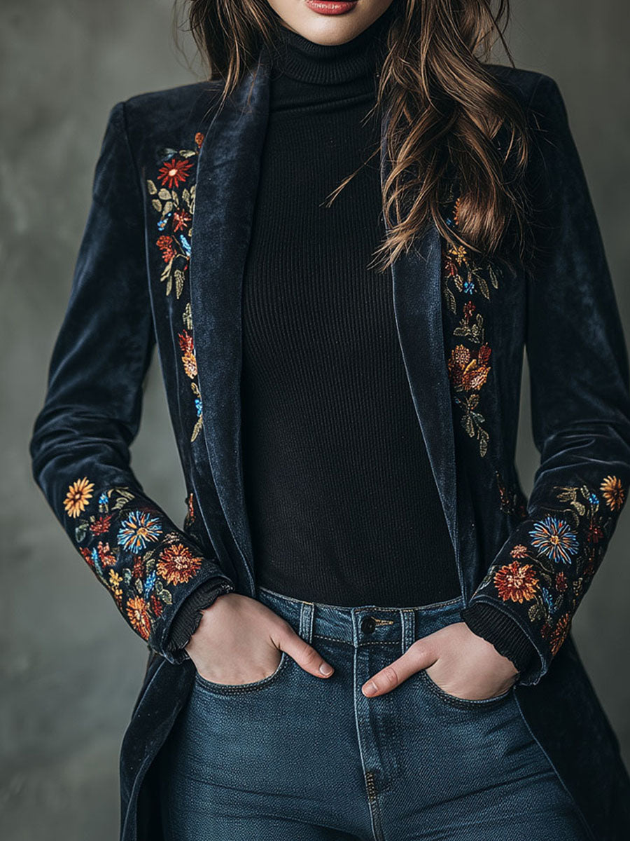 Elegant Long Velvet Floral Embroidered Long Jacket