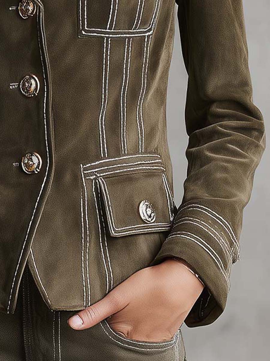 Olive Green Suede Tailored Jacket With Contrast Stitching