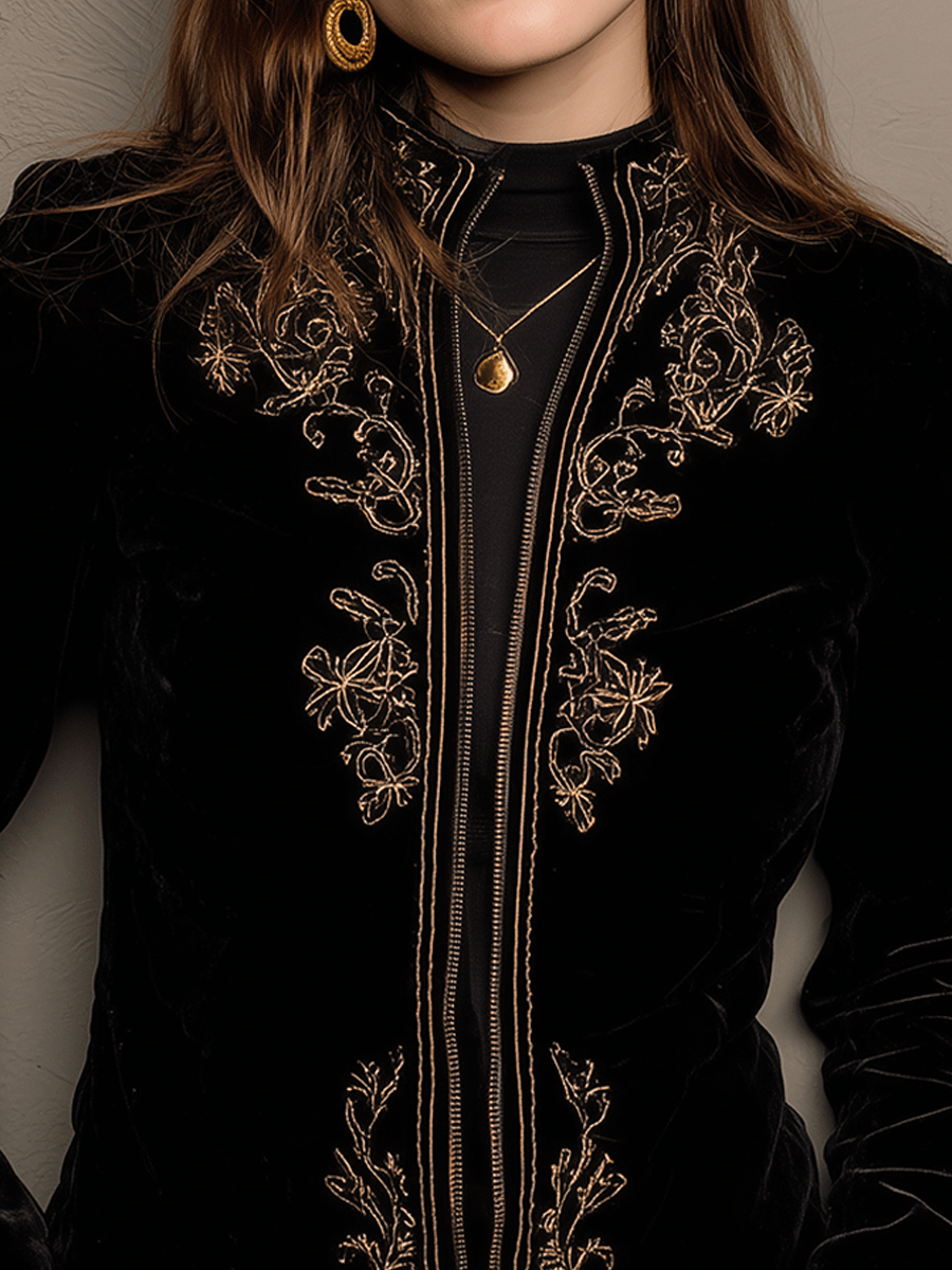 Embroidered Velvet Zip Up Jacket