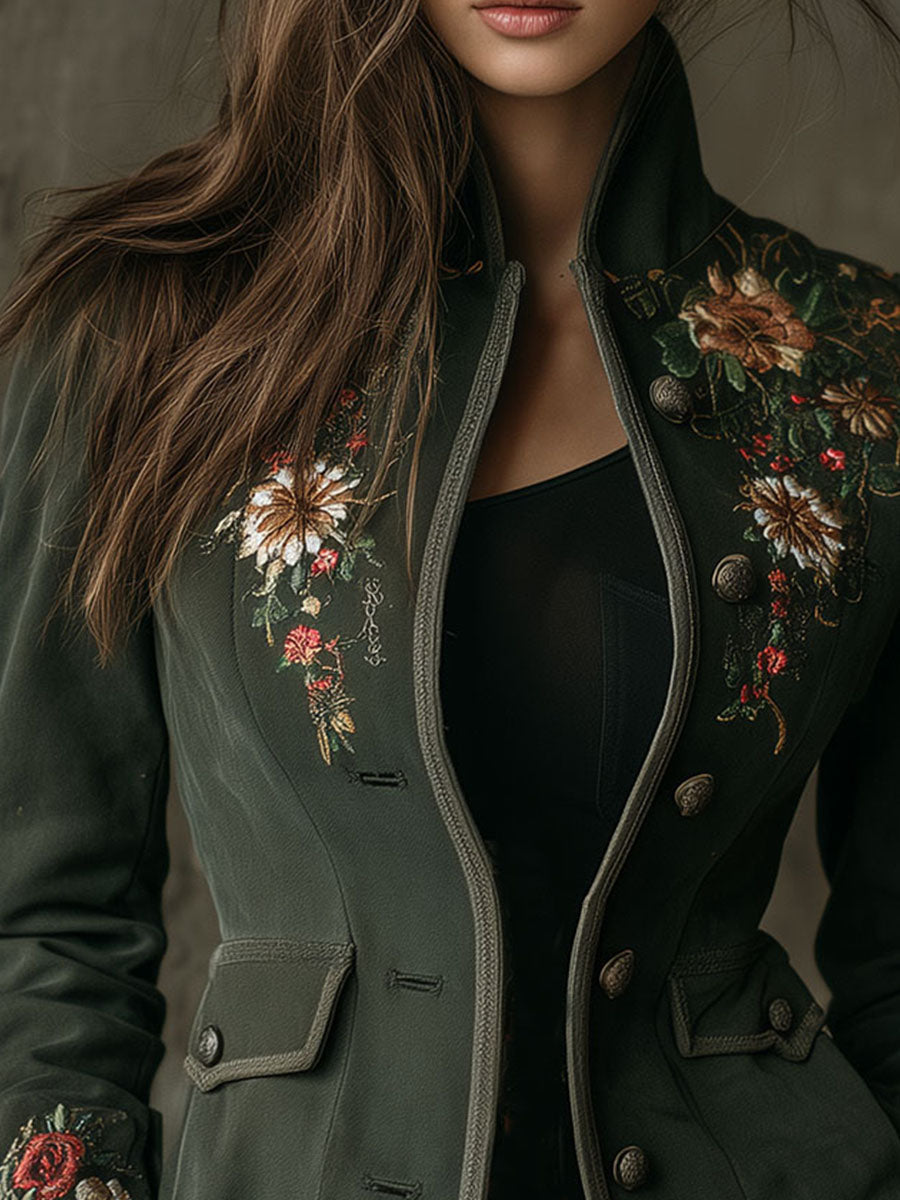 Retro Dark Gree Floral Embroidered Tailored Jacket With Pockets