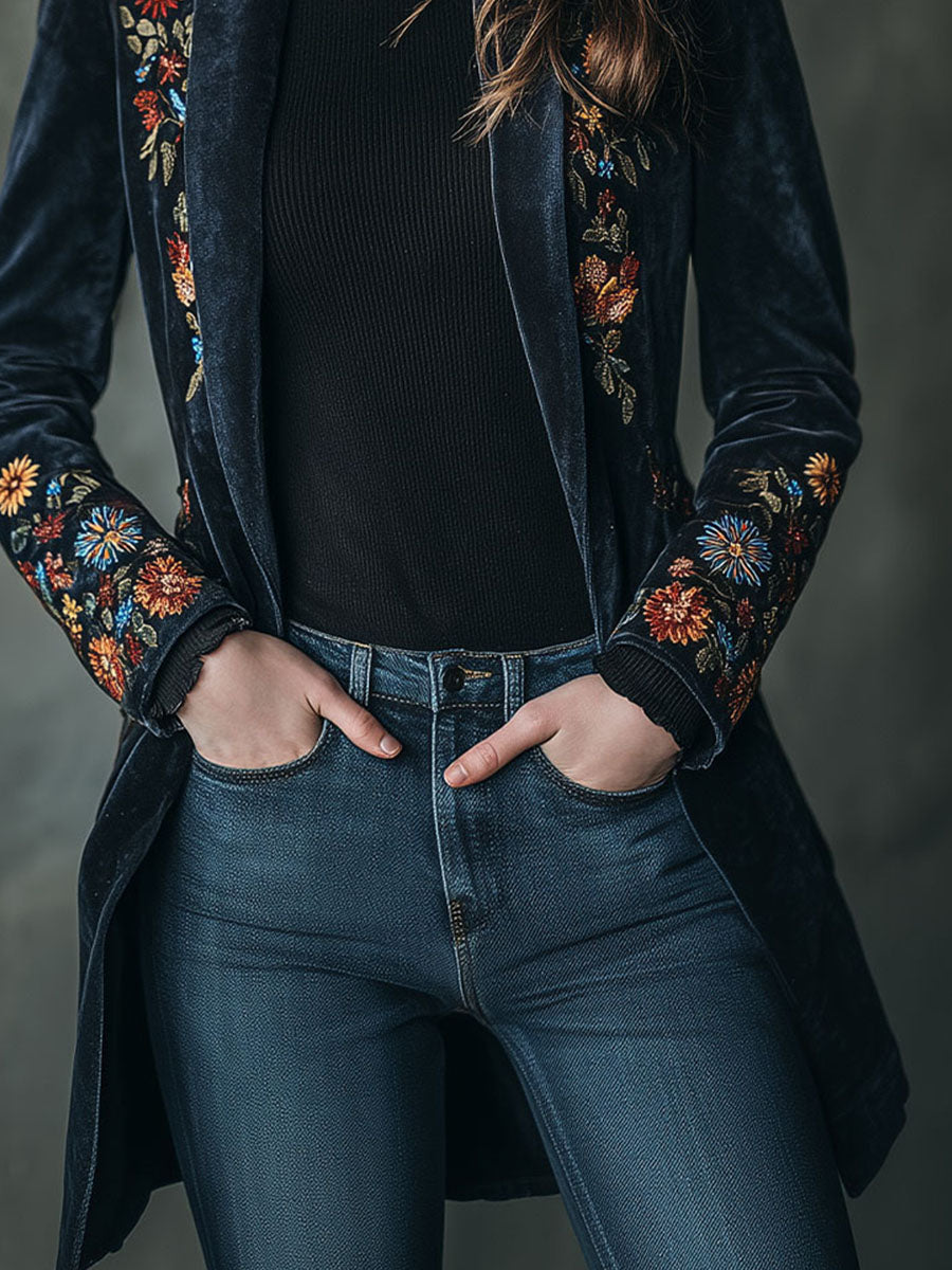 Elegant Long Velvet Floral Embroidered Long Jacket