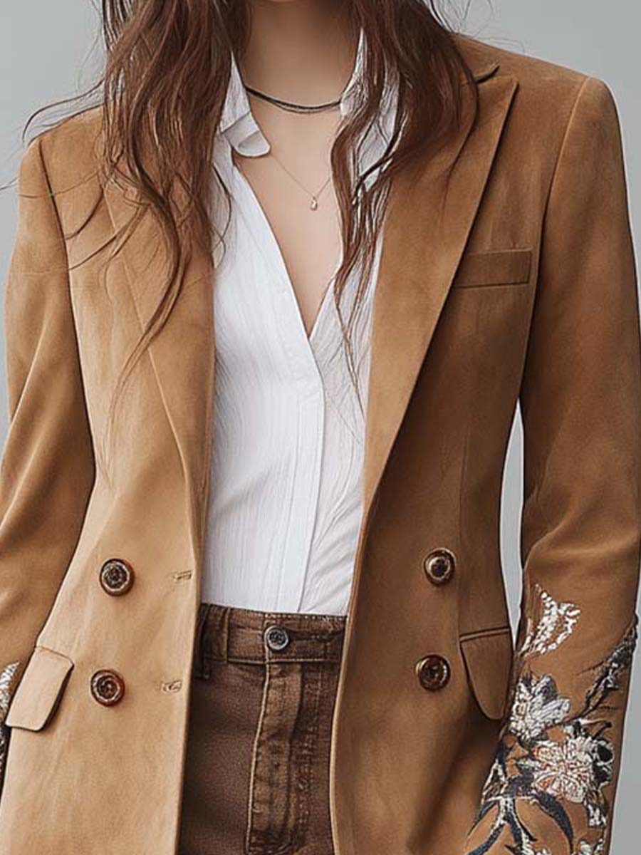 Embroidered Camel Suede Long Coat