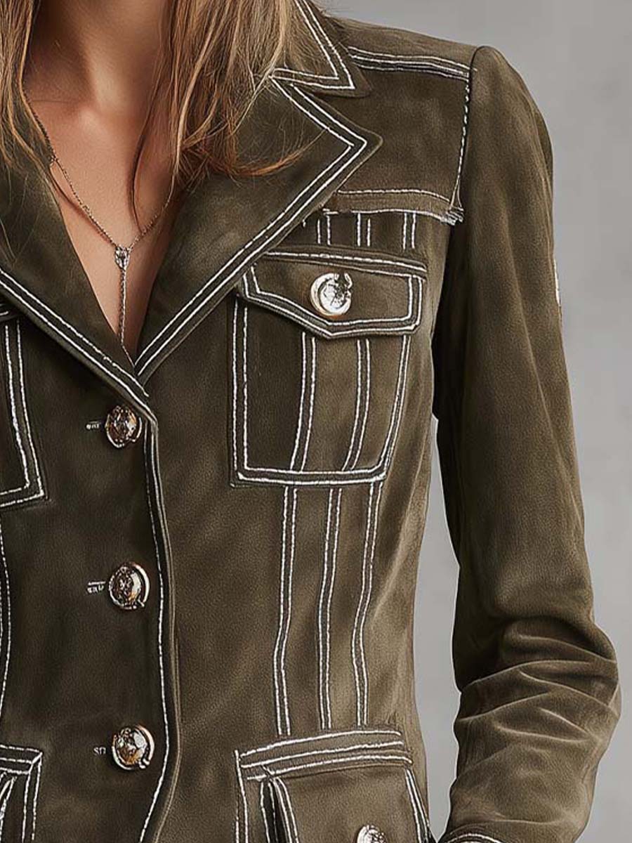 Olive Green Suede Tailored Jacket With Contrast Stitching