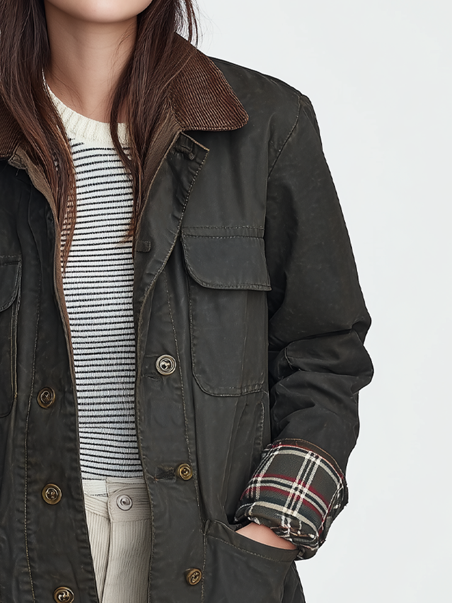 Retro Contrast Collar Plaid Cuffs Barn Jacket