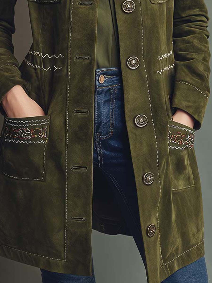 Olive Green Embroidered Suede Longline Coat