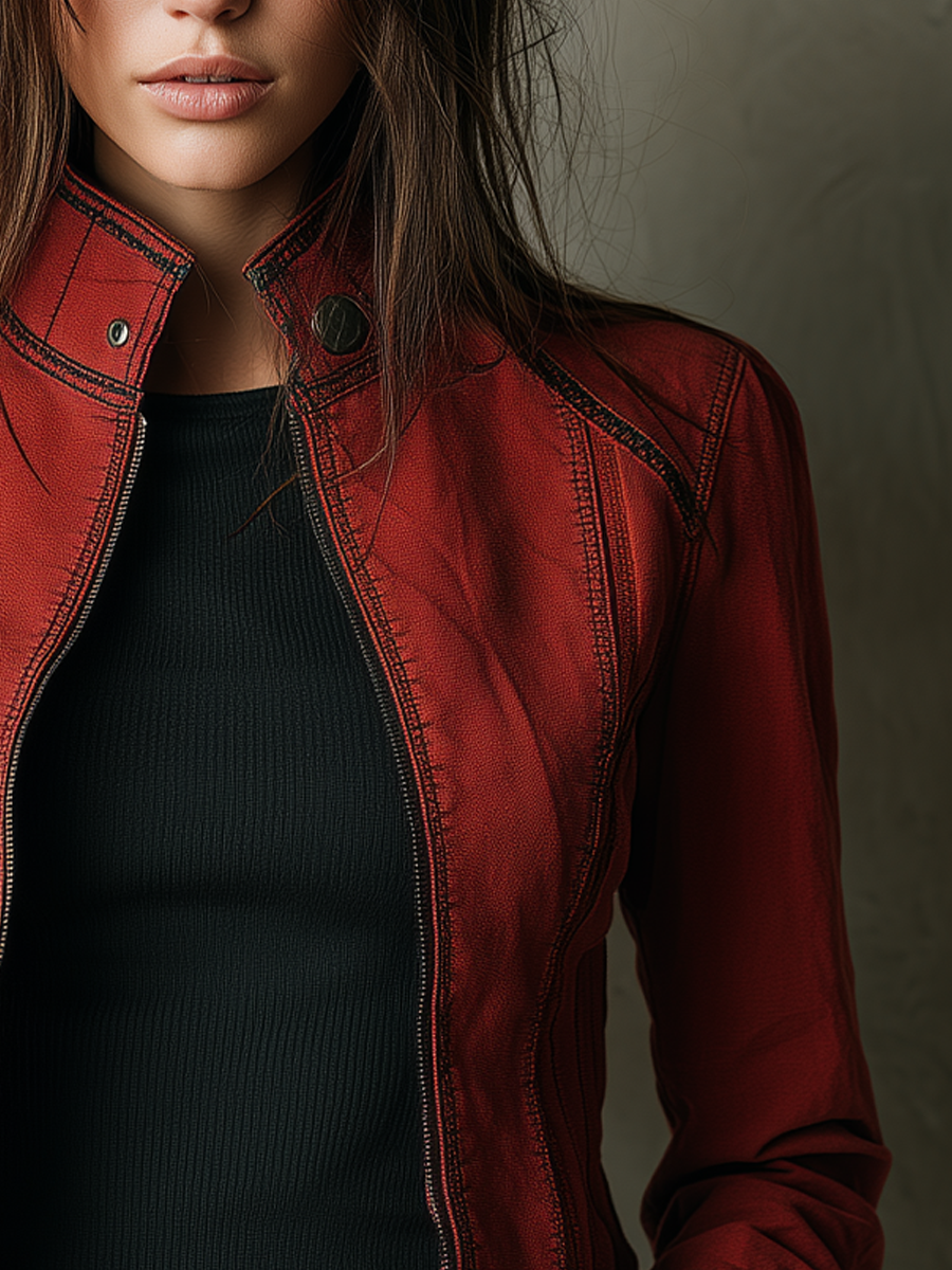 Retro Stand Collar Contrast Stitching Zipper Distressed Jacket