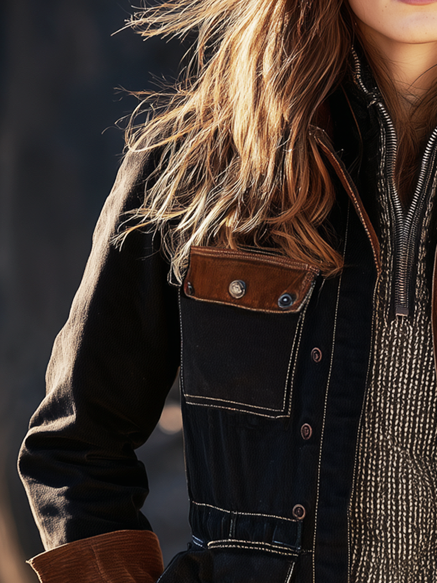 Retro Contrast Color Trim Multi-pocket Workwear Jacket