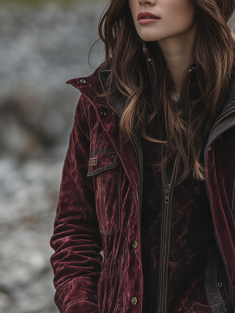 Vintage Contrast Trim Multi-pocket Velvet Cargo Jacket