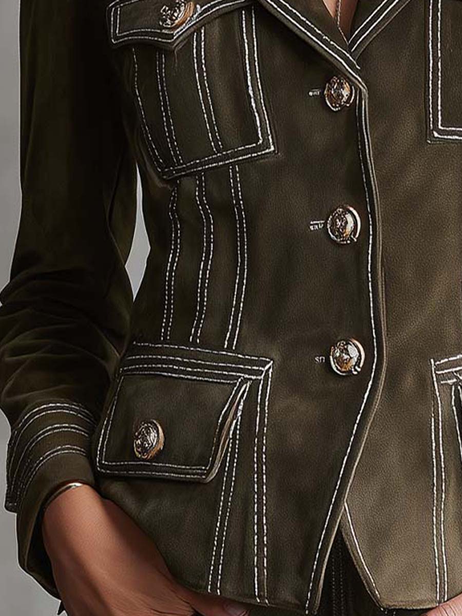 Olive Green Suede Tailored Jacket With Contrast Stitching