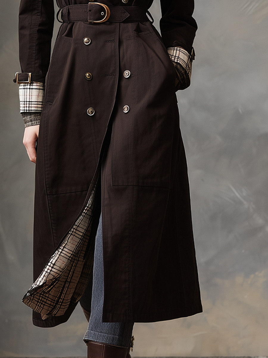 Retro Plaid Contrast Collar Trench Coat