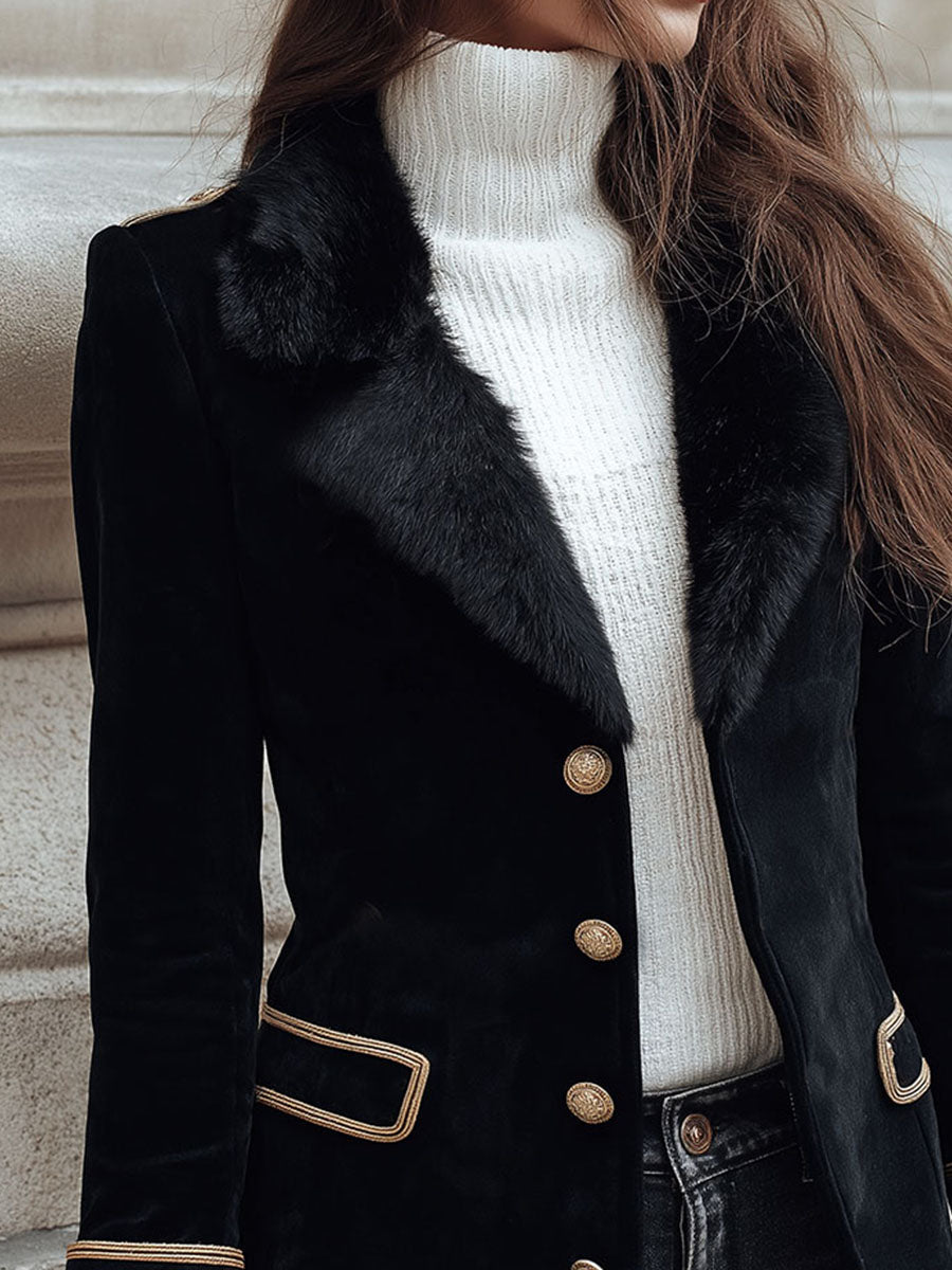 Vintage Black Suede Tailored Jacket With Eco Fur Trim