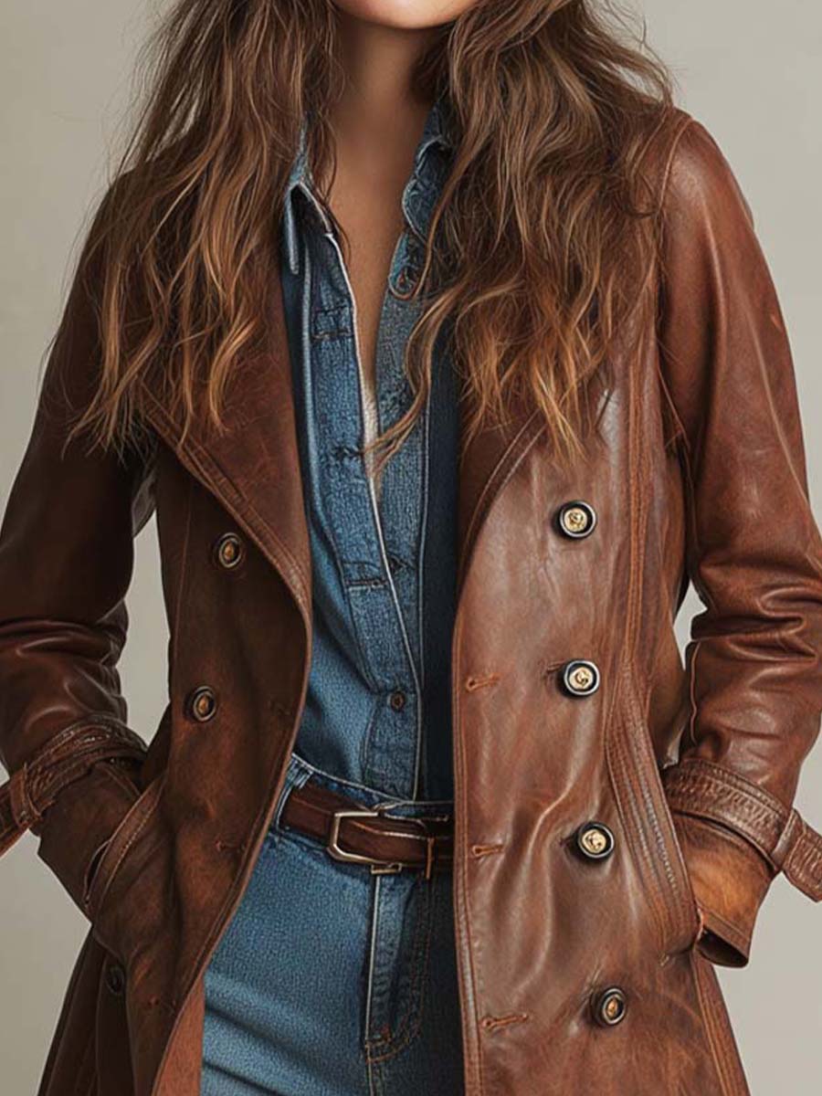 Vintage Brown PU Leather Double-Breasted Trench Coat