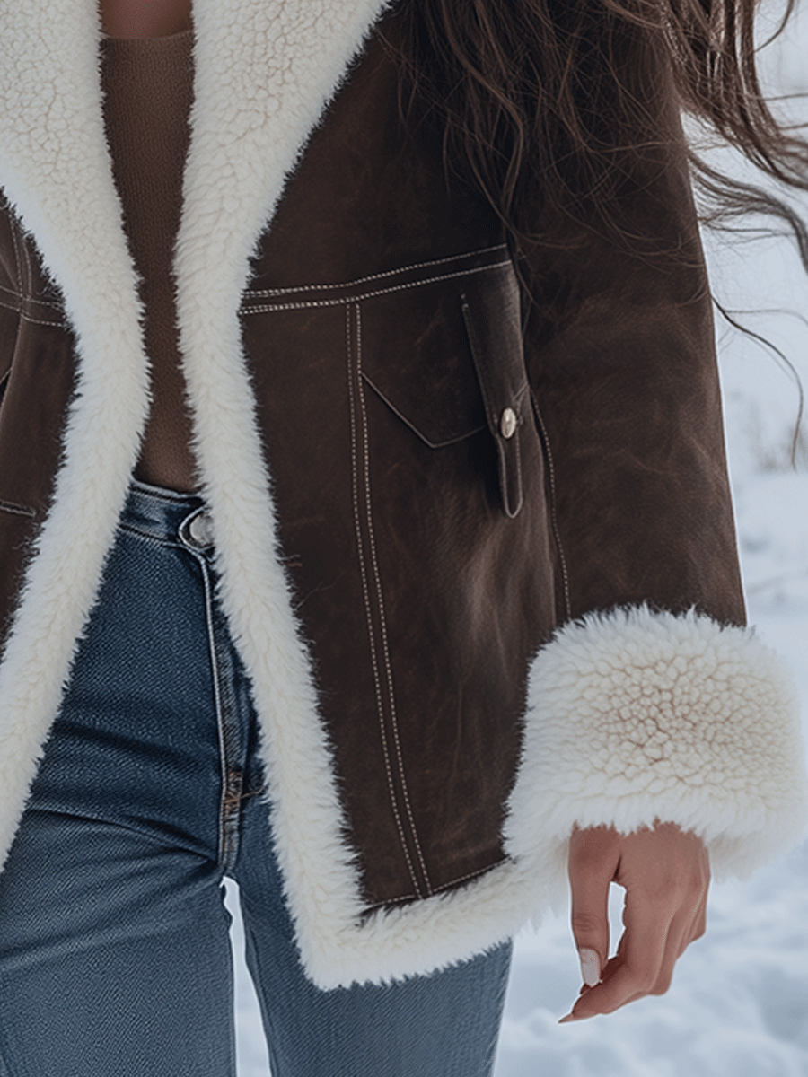 Vintage Brown Shearling Lapel Insulated Coat