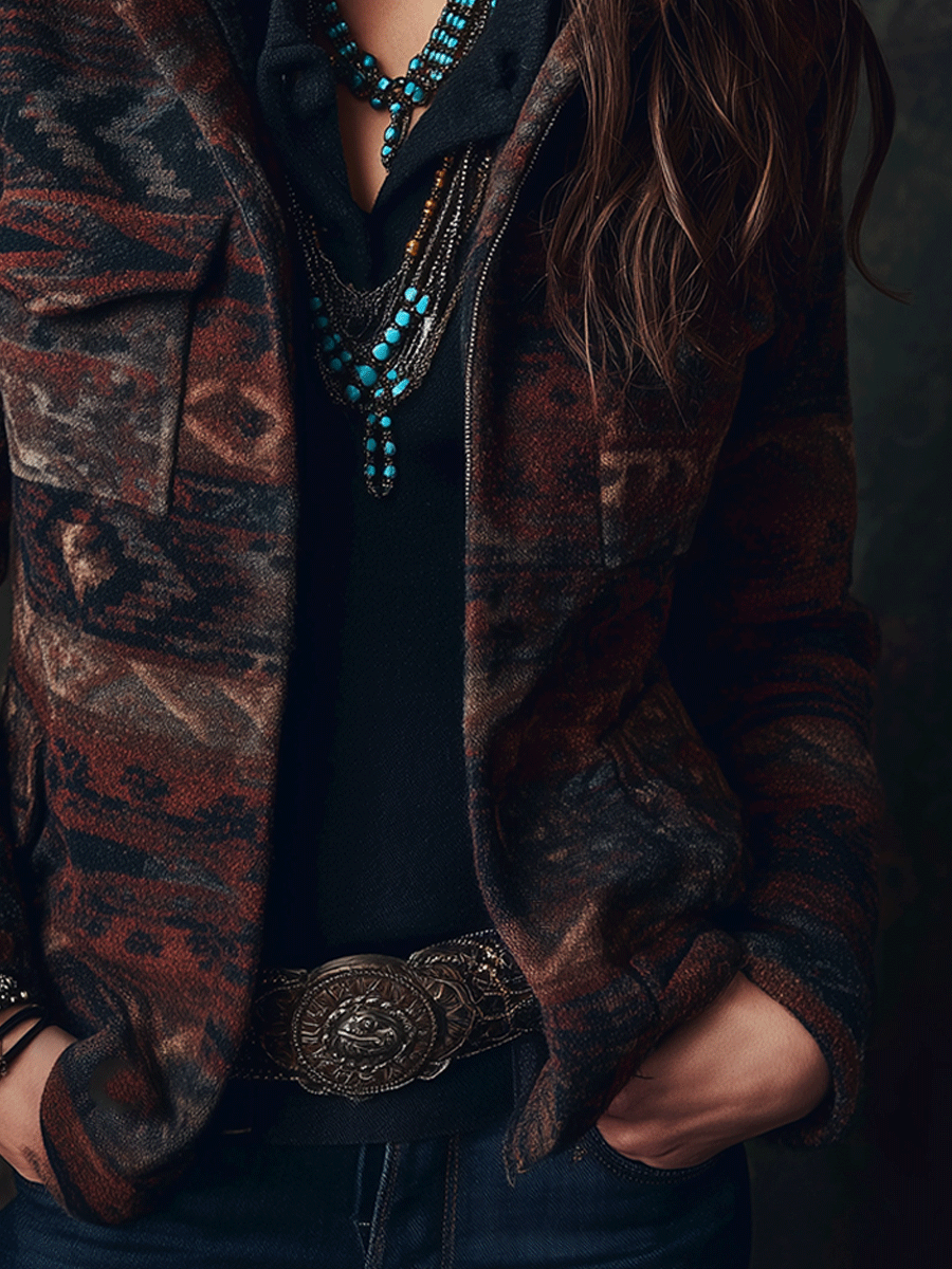 Retro Boho Geometric Print Cargo Wool Short Jacket