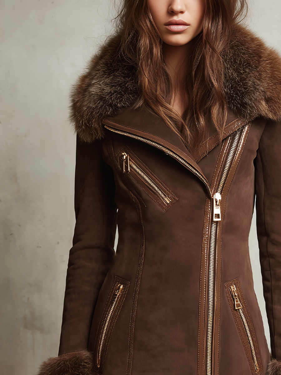 Retro Oblique Zipper Fur Collar Eco-friendly Suede Coat
